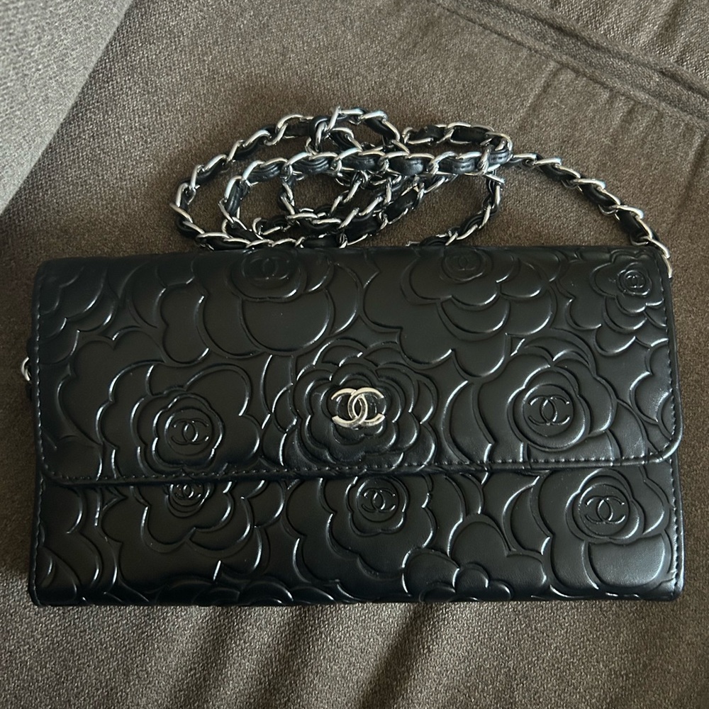 CHANEL Black Floral Embossed Crossbody Bag